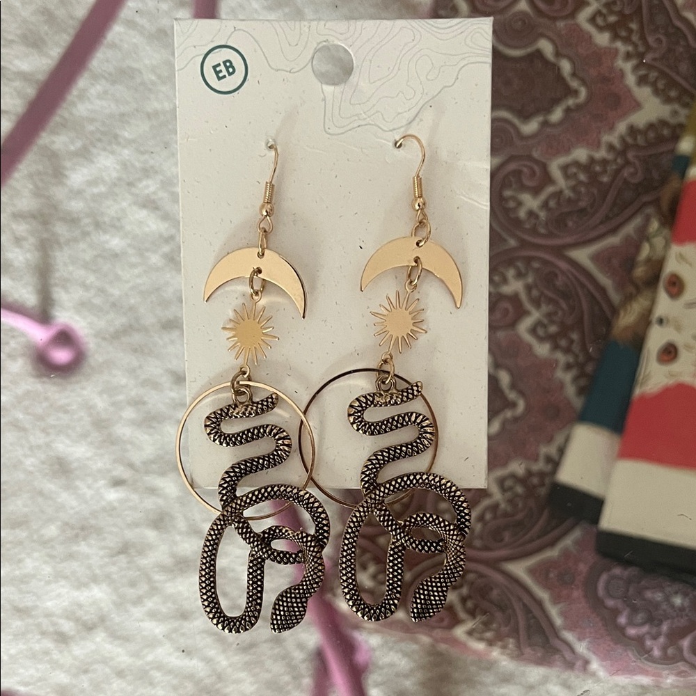 Gold Snake & Moon Earrings